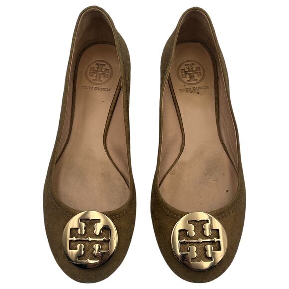 Tory Burch Reva Gold Logo Slip On Suede Ballet Flats Shoes Tan Brown Size 8M - Picture 1 of 8